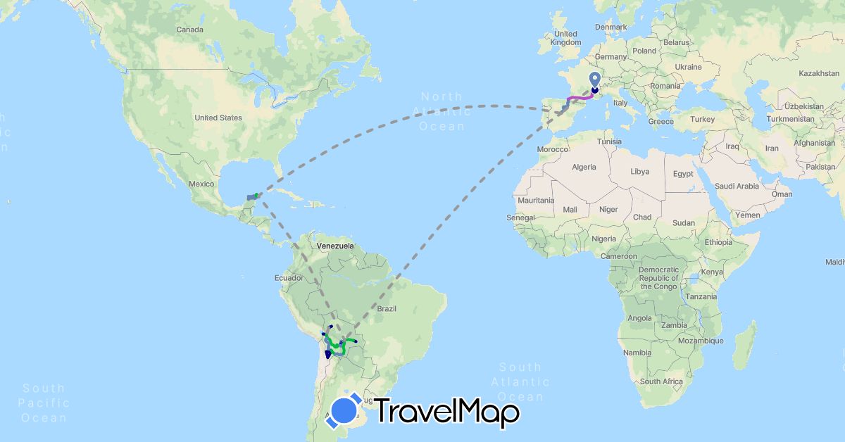 TravelMap itinerary: driving, bus, plane, cycling, train, hiking, boat, motorbike in Bolivia, Switzerland, Colombia, Spain, France, Mexico (Europe, North America, South America)